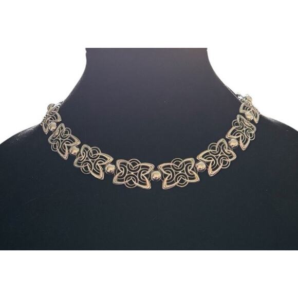Napier Jewelry - 1950s Napier Modernist Silver tone Necklace 18” Textured Open Work Choker